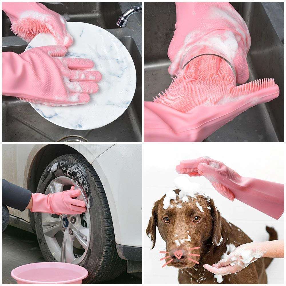HUSB® Gloves Magic Silicone Dish Washing Gloves, Silicon Cleaning Gloves, Silicon Hand Gloves for Kitchen Dishwashing and Pet Grooming, Great for Washing Dish, Car, Bathroom (Multicolour, 1 Pair)
